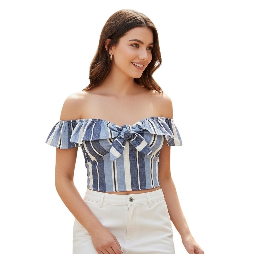 SIMPLY BLESSED S Denim Linen Cropped Striped Smocked Top Bow Tie Front R $65 NWT - Picture 3 of 13